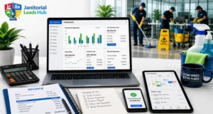 Professional feature image by Janitorial Leads Hub showcasing a commercial cleaning business workspace with accounting software on a laptop, financial reports, invoicing documents, payment tracking, job scheduling, and cleaning staff in the background, representing the best janitorial accounting software solutions for cleaning businesses in 2026.