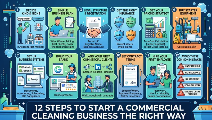 Infographic illustrating the 12 essential steps to start a commercial cleaning business, including choosing a niche, creating a business plan, registering the business, obtaining insurance, setting pricing, buying equipment, setting up business systems, building a brand, finding commercial clients, creating service contracts, hiring employees, and avoiding common startup mistakes.