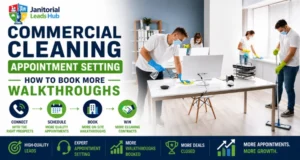 Commercial cleaning team performing office cleaning while demonstrating appointment setting strategies to increase walkthroughs and client meetings.