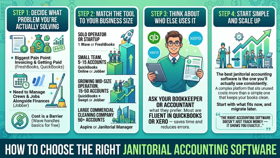 Educational infographic outlining four steps to choose the best janitorial accounting software, including identifying business needs, matching software to company size, consulting an accountant, and selecting a scalable solution. Features popular platforms such as QuickBooks Online, Xero, FreshBooks, Jobber, Aspire, Wave Accounting, Swept, and Janitorial Manager for commercial cleaning businesses.