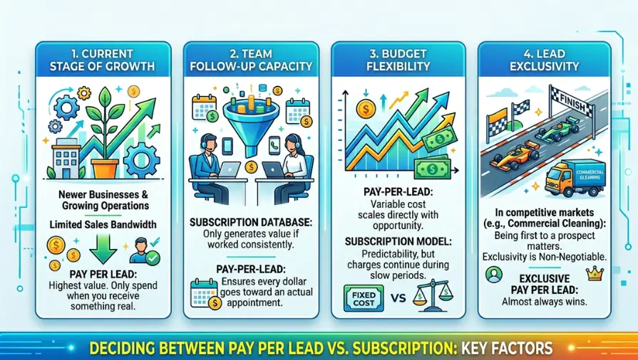 Business growth infographic explaining how to choose between pay-per-lead and subscription lead generation models based on company growth stage, sales follow-up capacity, budget flexibility, and lead exclusivity for service-based businesses