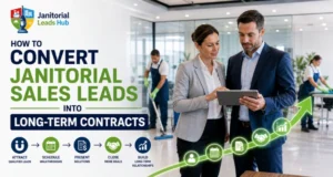 Janitorial sales lead conversion process showing business owners discussing a cleaning contract and long-term service agreement.