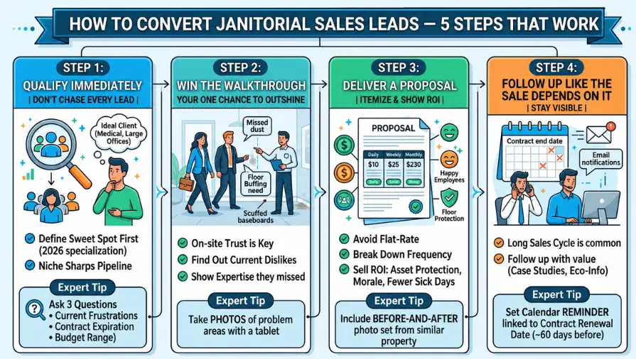 Janitorial sales lead conversion infographic explaining how to qualify leads, conduct walkthroughs, create proposals, and secure commercial cleaning contracts.
