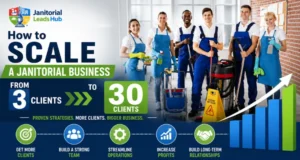 Janitorial business growth guide showing how to increase from 3 clients to 30 clients through marketing and lead generation.