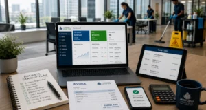 Professional feature image for a blog about starting a commercial cleaning business in 2026, showing a modern office workspace with a laptop displaying a business management dashboard, business startup checklist, invoice, smartphone payment confirmation, tablet with cleaning job schedule, calculator, and a professional janitorial team cleaning a commercial office in the background, branded with the Janitorial Leads Hub logo.