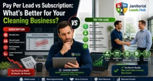 Pay Per Lead vs Subscription lead generation comparison for commercial cleaning businesses, showing qualified janitorial leads, exclusive appointments, contract growth, client acquisition, and revenue increase with Janitorial Leads Hub branding.