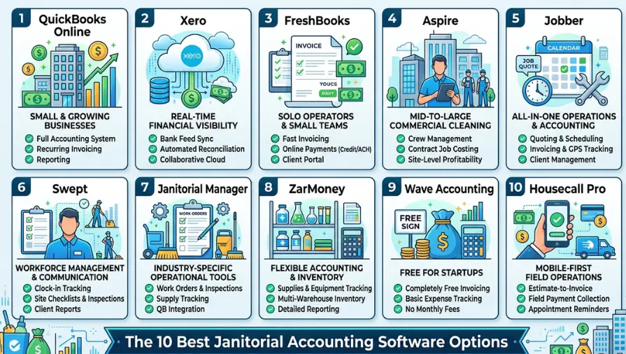 The 10 best janitorial accounting software comparison infographic showcasing top bookkeeping and business management platforms for cleaning companies, including QuickBooks Online, Xero, FreshBooks, Aspire, Jobber, Swept, Janitorial Manager, ZarMoney, Wave Accounting, and Housecall Pro, with features such as invoicing, payroll, scheduling, expense tracking, financial reporting, and client management.