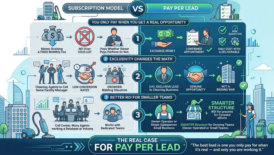 Pay per lead vs subscription lead generation comparison for janitorial businesses, highlighting exclusive leads, confirmed appointments, higher ROI, client acquisition, and long-term cleaning contracts.