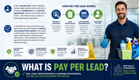 Pay per lead model for commercial cleaning businesses showing verified janitorial leads, appointment setting process, qualified prospects, and exclusive cleaning service opportunities delivered to contractors.