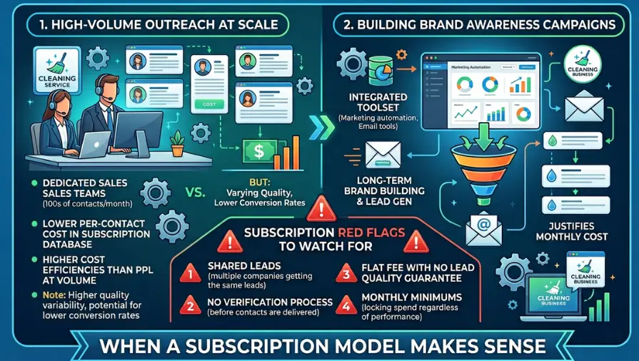 Infographic comparing subscription-based lead generation and pay-per-lead marketing for cleaning businesses, highlighting high-volume outreach, brand awareness campaigns, lead generation strategies, marketing automation, sales efficiency, conversion rates, and subscription model red flags.