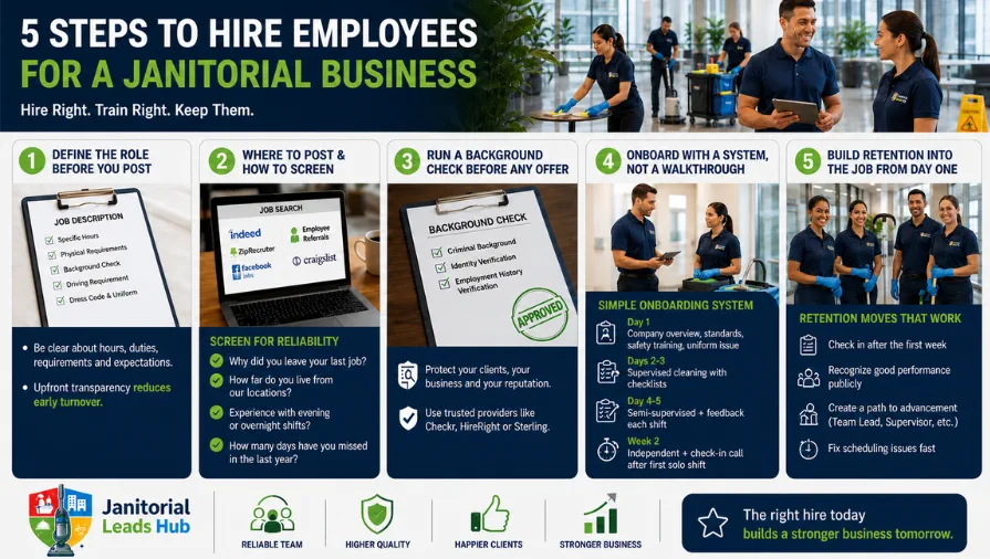 5 steps to hire employees for a janitorial business infographic covering role definition, candidate screening, background checks, employee onboarding, and retention best practices for commercial cleaning companies.