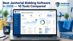 Laptop displaying janitorial bidding software dashboard with estimating tools and analytics for comparing the best cleaning business software in 2026.