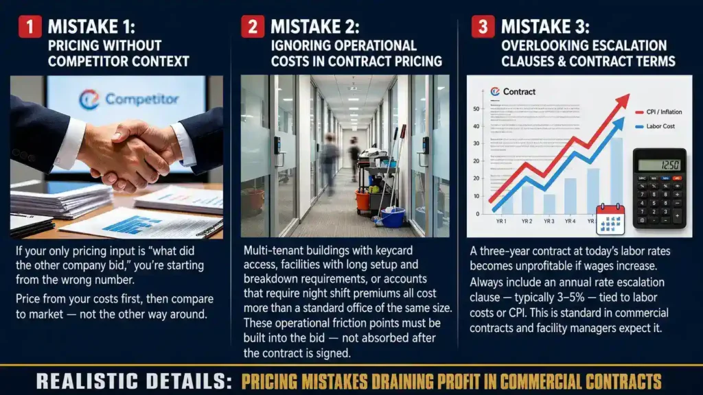 Common janitorial pricing mistakes infographic showing competitor-based pricing, operational cost errors, and missing contract escalation clauses that reduce cleaning business profits.