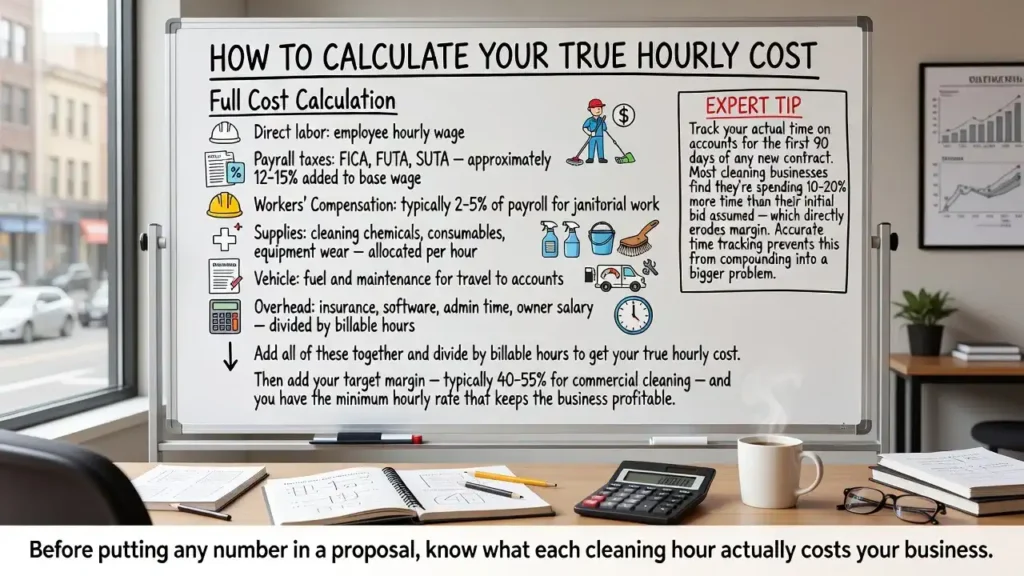Commercial cleaning hourly cost calculator showing labor, payroll taxes, workers' compensation, supplies, overhead, and profit margin calculations for janitorial services.
