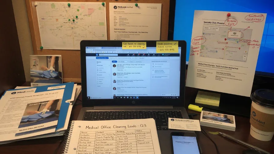 Workspace showing medical office cleaning lead generation process with LinkedIn outreach, clinic directories, healthcare contact lists, and qualified commercial cleaning leads.
