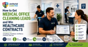 Janitorial Leads Hub medical office cleaning lead generation feature image showing a janitorial professional presenting a healthcare cleaning proposal to a medical practice manager while staff perform EPA-compliant medical office cleaning, highlighting healthcare compliance, OSHA-trained cleaners, verified medical office leads, and long-term healthcare contracts.