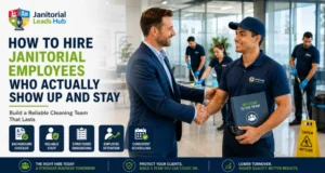 Professional janitorial manager shaking hands with a newly hired cleaning employee in a modern commercial office while a cleaning crew works in the background, illustrating how to hire reliable janitorial employees who stay long-term.