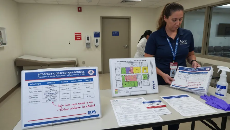 Janitorial professional presenting EPA-registered disinfection protocols, compliance documents, and healthcare cleaning safety procedures for a medical office cleaning contract.