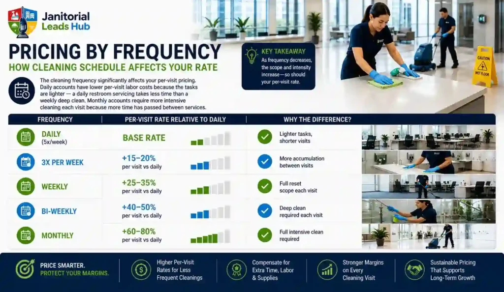 Pricing by frequency chart showing daily, weekly, bi-weekly, and monthly commercial cleaning rates and how cleaning schedules affect janitorial service pricing.