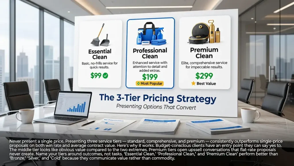 Three-tier janitorial pricing strategy comparing Essential, Professional, and Premium commercial cleaning service packages to improve proposal conversions and profit margins.