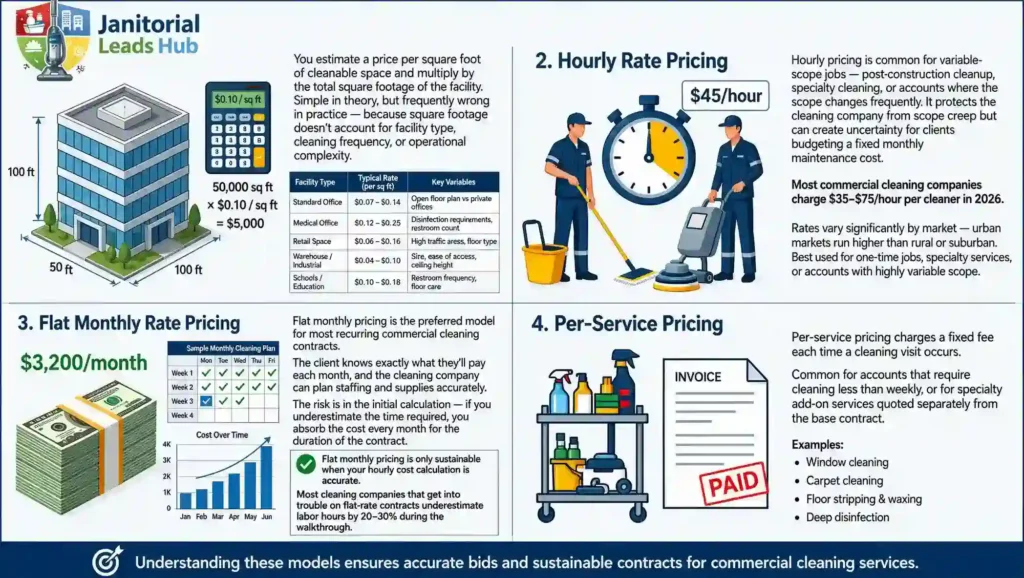 Infographic explaining the four janitorial pricing models including square footage pricing, hourly rates, flat monthly pricing, and per-service pricing for commercial cleaning contracts.