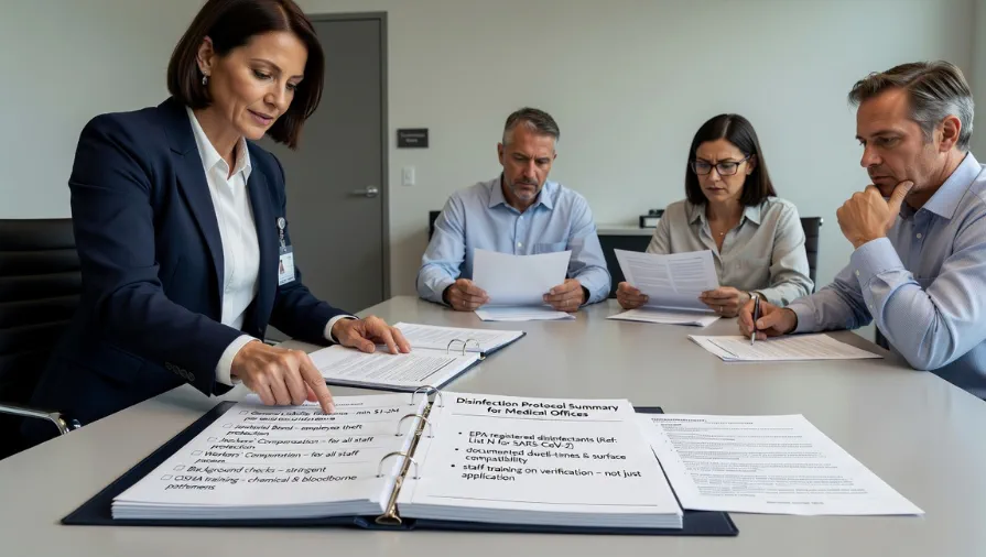 Healthcare facility managers reviewing a commercial cleaning proposal with documented disinfection protocols, OSHA compliance, EPA-approved procedures, and medical office cleaning qualifications.