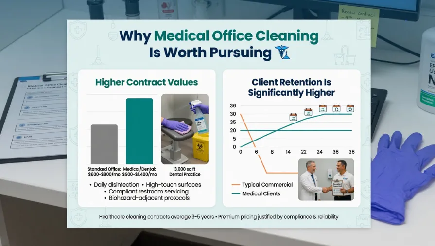 Infographic comparing medical office cleaning contract values and client retention, highlighting higher revenue and long-term healthcare cleaning opportunities for janitorial businesses.
