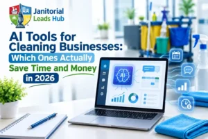 AI tools dashboard on a laptop with cleaning supplies for automating a cleaning business in 2026