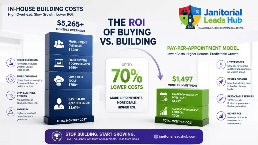 Infographic comparing the high monthly overhead of building an in-house B2B cleaning leads team versus buying a pay-per-appointment model.