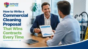 Professional business consultant presenting a commercial cleaning proposal to a client during an office meeting with Janitorial Leads Hub branding.