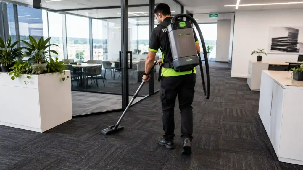 Professional commercial cleaner using a backpack vacuum on a commercial carpet inside a high-rise office suite.