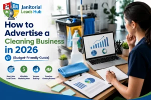 Small cleaning business owner planning a marketing strategy on a laptop with cleaning supplies in a modern office