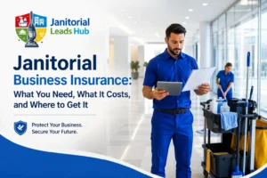 Janitorial worker reviewing insurance documents in a modern office with professional cleaning equipment