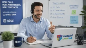Professional telemarketing sales representative using cold calling strategies to book janitorial service appointments in a modern office.