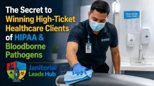 Professional commercial cleaner disinfecting a modern medical clinic office room to secure healthcare janitorial leads.
