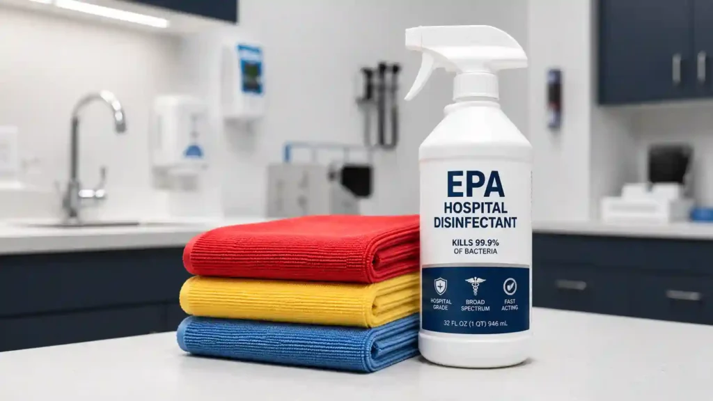 Color-coded microfiber cloths and hospital-grade disinfectant used to secure medical facility cleaning contracts through strict cross-contamination protocols.
