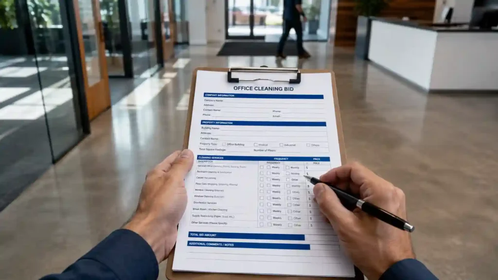 Close-up shot of a commercial cleaning contractor reviewing an office cleaning bidding template on a clipboard inside a modern corporate foyer.