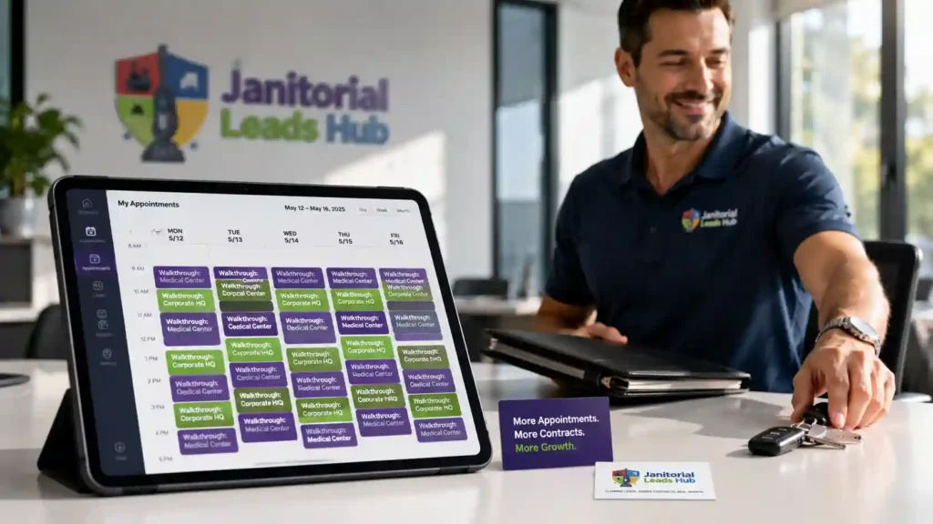 A digital calendar filled with commercial cleaning facility walkthrough appointments booked for a janitorial business owner.