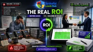 A split-screen visual comparing the high overhead of building an in-house B2B prospecting team versus buying exclusive janitorial leads, showcasing a stressed sales rep next to a streamlined digital calendar filled with booked commercial cleaning appointments.