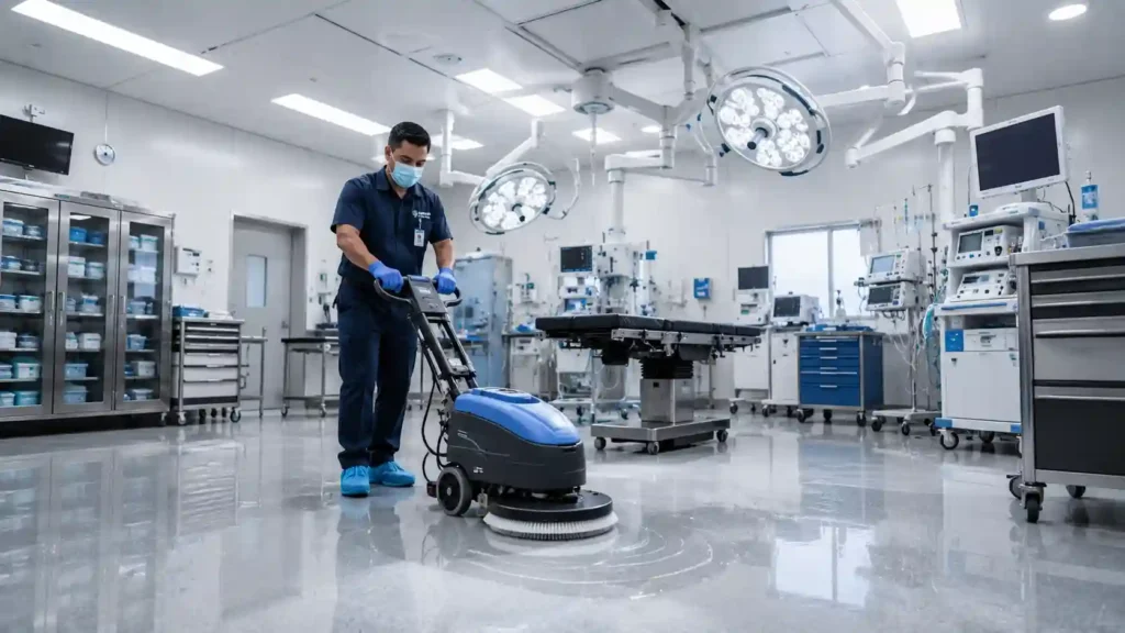 A commercial cleaning technician performing deep decontamination inside a surgical theater to secure high-ticket terminal cleaning bids.